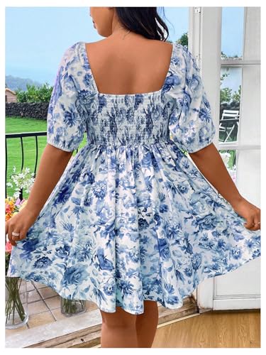 WDIRARA Women's Plus Size Floral Bubble Puff Sleeve Dress Square Neck Holiday A Line Short Dresses2