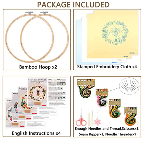 Picoey Bee Embroidery Kit For Beginners With Pattern And Instructions,4 Pack Cross Stitch Kits,2 Wooden Embroidery Hoops,Threads And Needles,Needlepoint Kit For Adults #TOP1