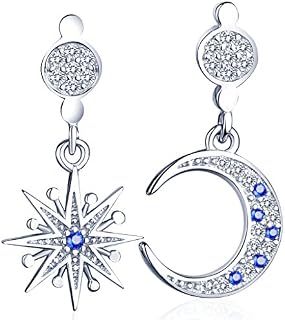 Infinite U Fashion Star&Moon Mismatched Earrings 925 Sterling Silver Cubic Zirconia Drops Dangles Studs for Women/Girls, Silver+Blue