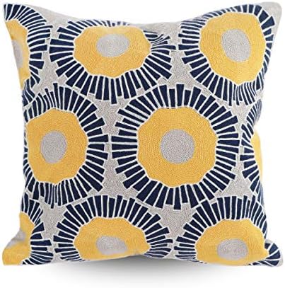 Hodeco Embroidery Throw Pillow Covers 18x18 Inch Decorative Floor Pillow Cover for Couch Bed Room Chair 100% Cotton Cushion Cover Pillow Case 45x45cm Yellow Sunflowers Embroidered Blue, 1 Piece