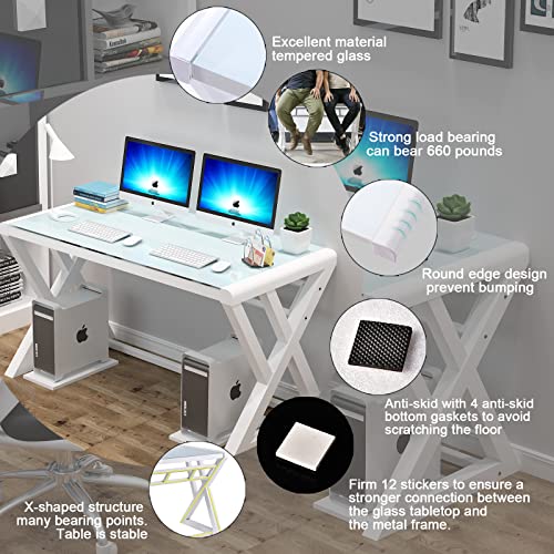 Na Glass Computer Desk With Metal Frame, Home Office Desks Computer Table Modern Simple Office Study Gaming Work Writing Desk Table For Home Office, White (X-Shape-55.1Inch) #TOP4