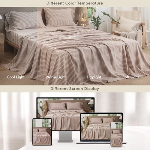 Image of MooMee Striped Sheet Set 100% Washed Cotton Linen Like Full