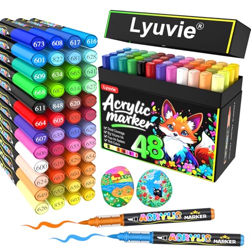 Lyuvie 48 Colores Rotuladores Acrilicos con Pincel a Base de Agua, Permanentes Acrylic Brush Markers para Pintar Piedras,Tela,Papel, Guijarros,Madera,Vidrio y Plástico