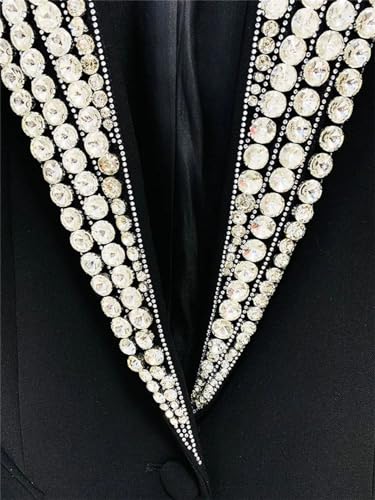 Lady Shinny Rhinestone Coat Women Notched Single Button Long Sleeve Solid Slim Blazer Black4