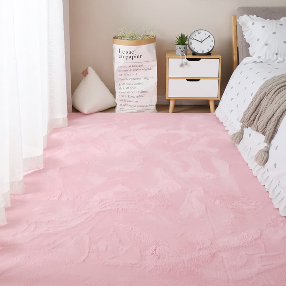 GueTTO Tappeto Finta Pelliccia Coniglio Pelo Corto Bianco Ultra Morbido Peluso Tappeto Pavimento Antiscivolo Fondo Pelle Lavabile per Salone Camera Arredamento Domestico Moderno,Pink b,140 x 200 cm