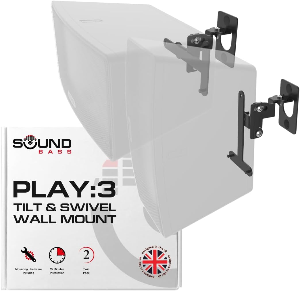 Sound Bass Play 3 Wall Mount Black Pair, Compatible with Sonos Play:3 Only, Twin Pack, Adjustable Swivel & Tilt Mechanism, 2 Mounting Brackets Includes All Fixings