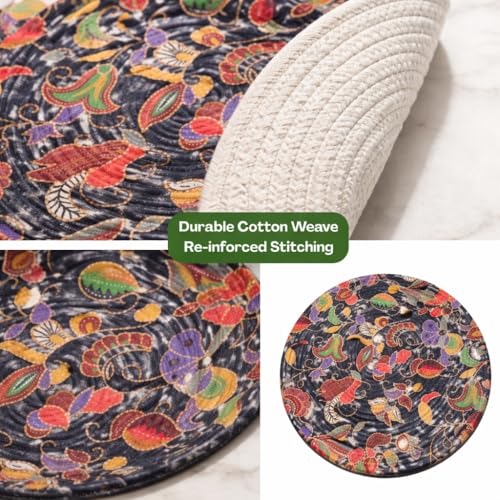 Image of Premium Round Cotton Dining Table Mats Set of 4 | Washable Heat Resistant Food Mat | Circular Dining Table Hot Plate Mats & Coaster for Hot Utensil (14-inch, Printed Floral /Blue)