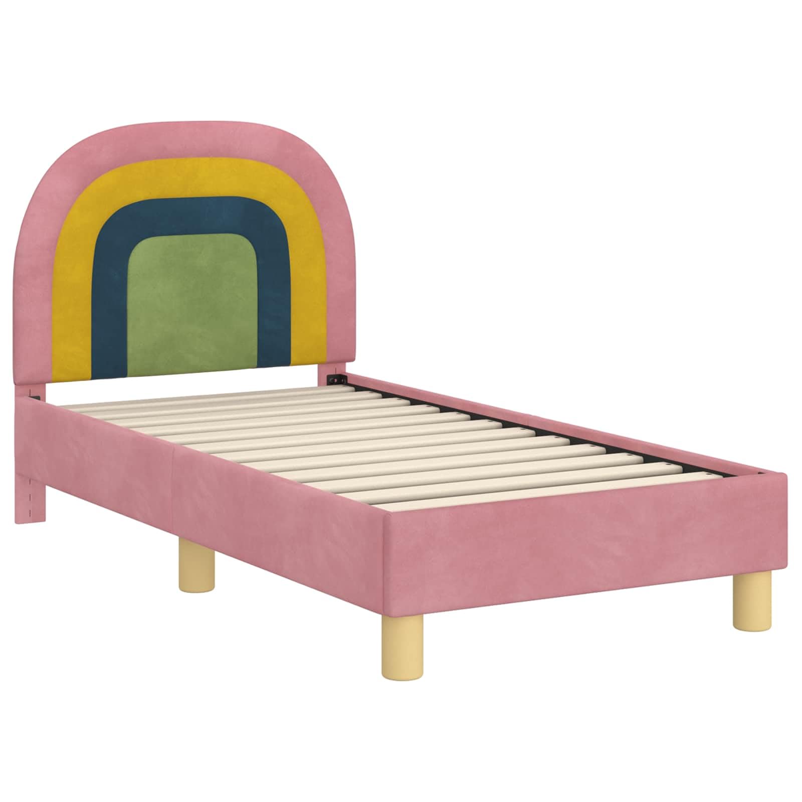 Telaio per letto per bambini con testiera in velluto rosa, 70 x 140 cm, moderna struttura per letto con rete a doghe e robusto telaio in legno, per cameretta dei bambini e ragazzi