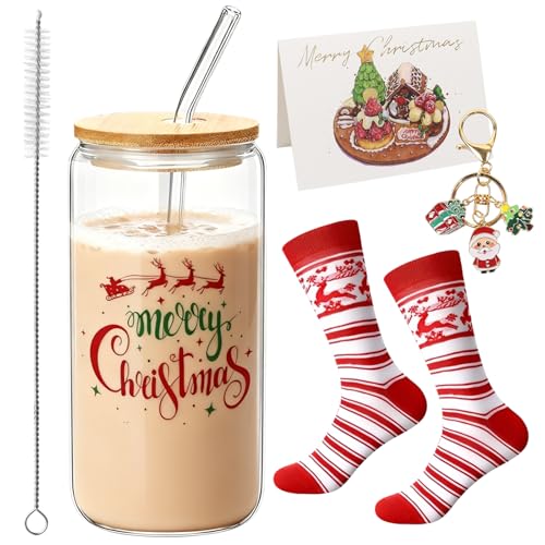 500ml Bicchieri di Natale, Bicchieri di Natale per le Festività con Coperchio e Cannuccia, Tazze di Natale, Bicchieri di Natale con Portachiavi, Calzini per Caffè, Tè, Succo, Cocktail