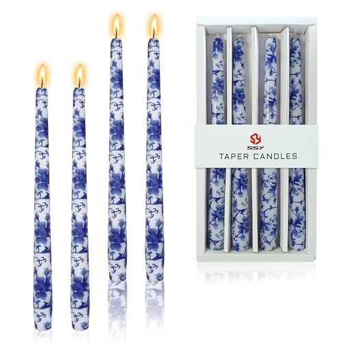 Blue and White Porcelain Taper Candlesticks 10 in Print Taper Candles Unscented Smokeless Handmade Printing Candle Tall Tapered Candle Sticks for Home Dinner Wedding Decor Simple Modern, 4 Pack