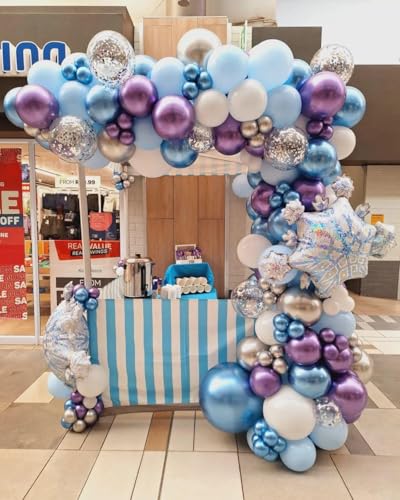 Image of Frozen Balloon Arch Garland Kit, 164Pcs Winter Wonderland Balloon Arch Kit Blue Purple Clear Snowflake Balloons for Winter Wonderland Theme Baby Shower Snow Girl Princess Birthday Decorations