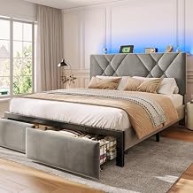 EnHomee Full Bed Frame with 2 Storage Drawers and LED Lights, Velvet Platform Bed Frame with Charging Station, Upholstered Adjustable Headboard, No Box Spring Needed, Easy Assembly,Grey