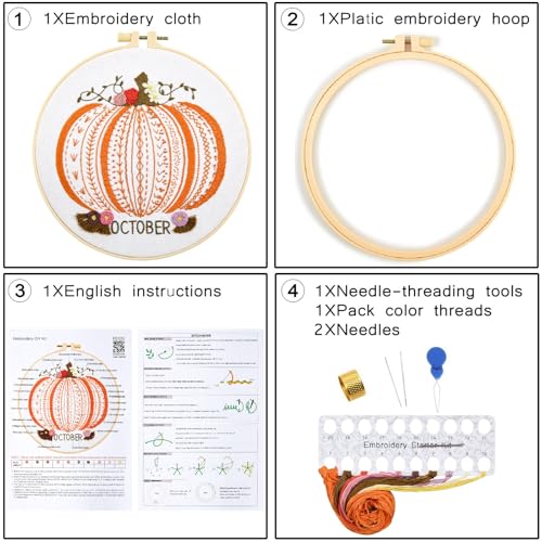 Image of Easy Beginners Embroidery Stitches Practice Kits for Adults, Fall Pumpkin Embroidery Starters Kits for Beginners to Learn 26 Stitches, Autumn Hand Embroidery Set Craft for Women & Video Tutorial