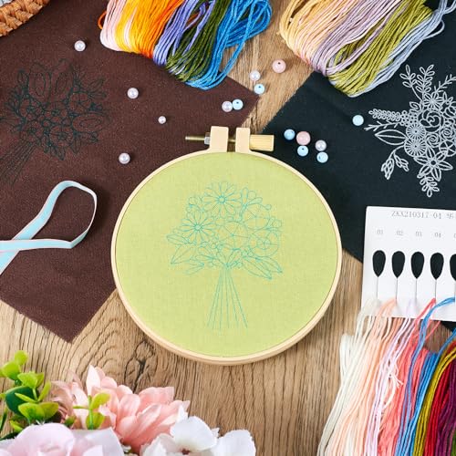 Image of Magibeads 3 Sets Bouquet Flowers Embroidery Kit Floral Embroidery Patterns Water Soluble Easy Cross Stitch Starter Kit Stick and Stitch Hobbies for Beginners Adults Sewing Gifts