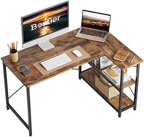 Bestier L Shaped Desk Computer Desk with Shelves Small Corner Desk 140CM Reversible Computer Desk Writing Table with Bookshelf for Home Office Small Space