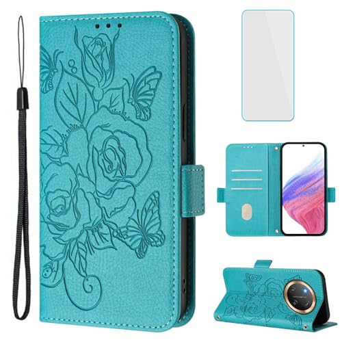 OUEAYIEN for Honor Magic7 Lite 5G/X9C 5G Phone Case Wallet with Screen Protecter RFID Blocking Flip Card Women Cell Phone Cover Floral Blutterfly Case for Honor Magic 7 Lite HonorX9C 5G Light Blue