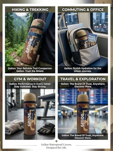Image of Gellon Zip Bottle Cover In Teflon Coating Polyester Cloth For 750 ML, 1 L to 1.5 Litre Water Proof Drawstring Closer For Travel, Hiking, Office & School Kids In Military 1 Pattern