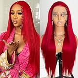 WKIPYCPK Red Lace Front Wig, 22-Inch Long Straight Hair, Heat Resistant Fiber, Glueless, Adjustable Straps, Soft Texture, Vibrant Red Color, Easy Styling