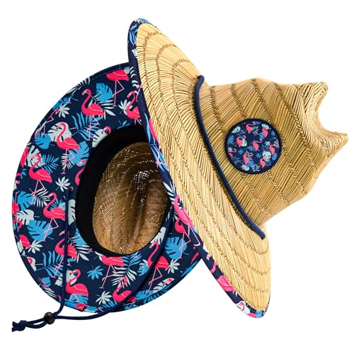 grinderPUNCH Lifeguard Hat Mens Straw Sun Hat for Beach, Outdoor, and Travel | UPF 50+ Sun Protection | Wide Brim Straw Beach Hat | Classic Sun Hat for Men and Women (Flamingo Palm) by grinderPUNCH - Used condition - US$35.63