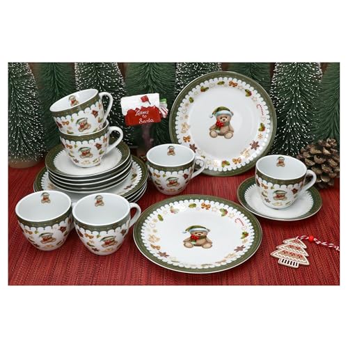 MamboCat Friend 18-tlg. Kaffeeservice für 6 Personen | Weihnachtliches Frühstücks-Set aus Porzellan mit Teddybär, Lebkuchenhaus & Co. | Tassen, Untertassen & Kuchenteller | für Weihnachten