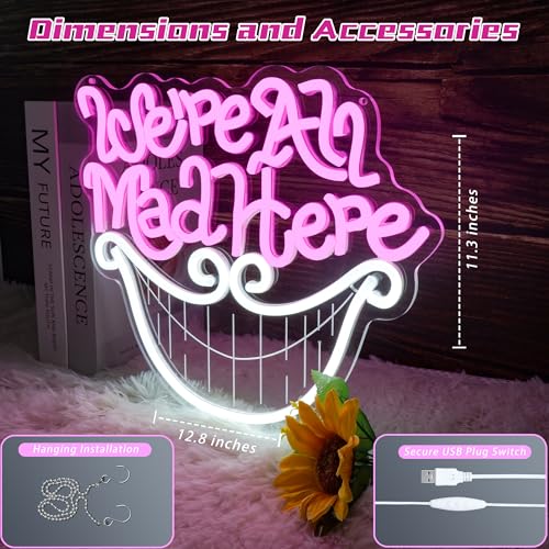 Image of Mad Hatter's Tea Party Neon Sign We're All Mad Here Inspirational Light for Wall Art Decor Cheshire Cat's Grin Neon Sign Unique Wall Decor for Book Lovers and Movie Fans Birthday Party Gifts 12.8*11.3