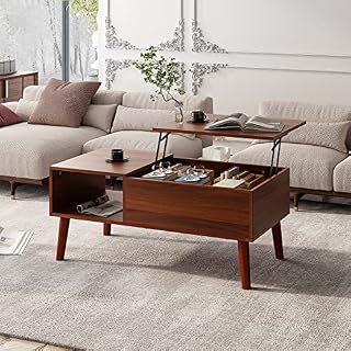 Gernian Lift Top Coffee Table with Space, Industrial Lift Up Coffee Table, Modern Raisable Tabletop Furniture Table with Compartment for Living Room and office (Colour: Espresso)