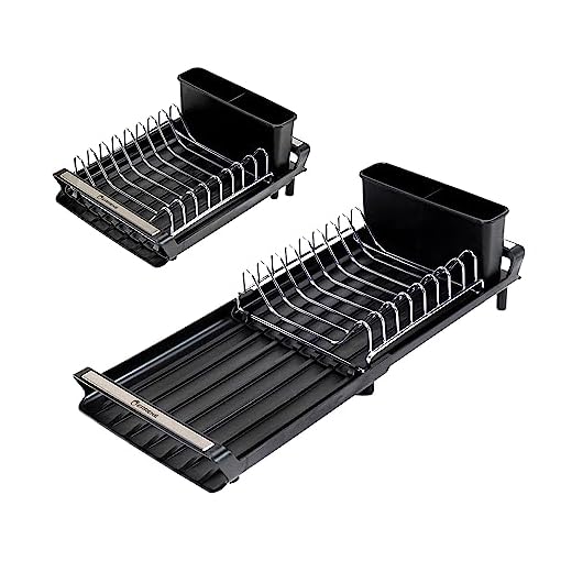 Erreke Abtropfgestell Geschirr, Geschirrabtropfgestell, Abtropfgestell Geschirr Klein, Ausziehbar, Ausläufe in die Spüle, Rost Edelstahl Besteckhalter, Abtropfständer Kompakt 28x20cm Farbe Schwarz