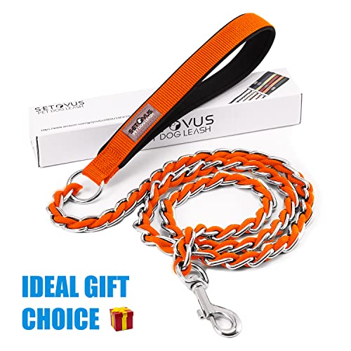 Chew Proof Metal Leash Chain Dog Leash For Medium Large Dogs, Chain Link Dog Leash Anti Chew 4Ft Strong Anti Bite Dog Leash Comfortable Soft Padded Handle Orange #TOP5