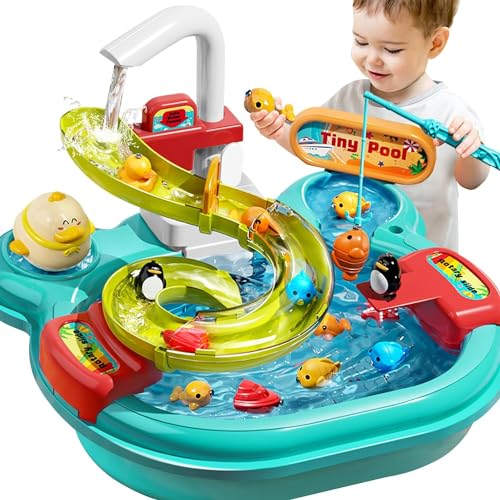 Jiakora Play Sink with Running Water, 3-in-1 Toddler Kitchen Toys, Magnetic Fishing Set, Pretend Play Kitchen Cleaning Set