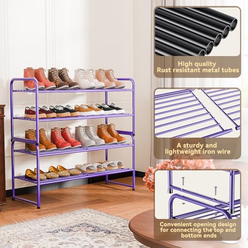 Image of 2 Pack Shoe Rack, 2-Tier Metal Stackable Shoe Shelf Storage Organizer, Heavy Duty Wire Shoe Stand for Entryway, Closet, Hallway, Holds 50 LBS, Purple