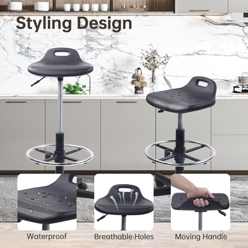 Image of KLASIKA Drafting Rolling Stool Adjustable Height with Foot Rest Breathable Seat Cushion Swivel Stools with Wheels, Multi-Purpose Work Stool for Shop, Task, Salon, Black, 1 Pack