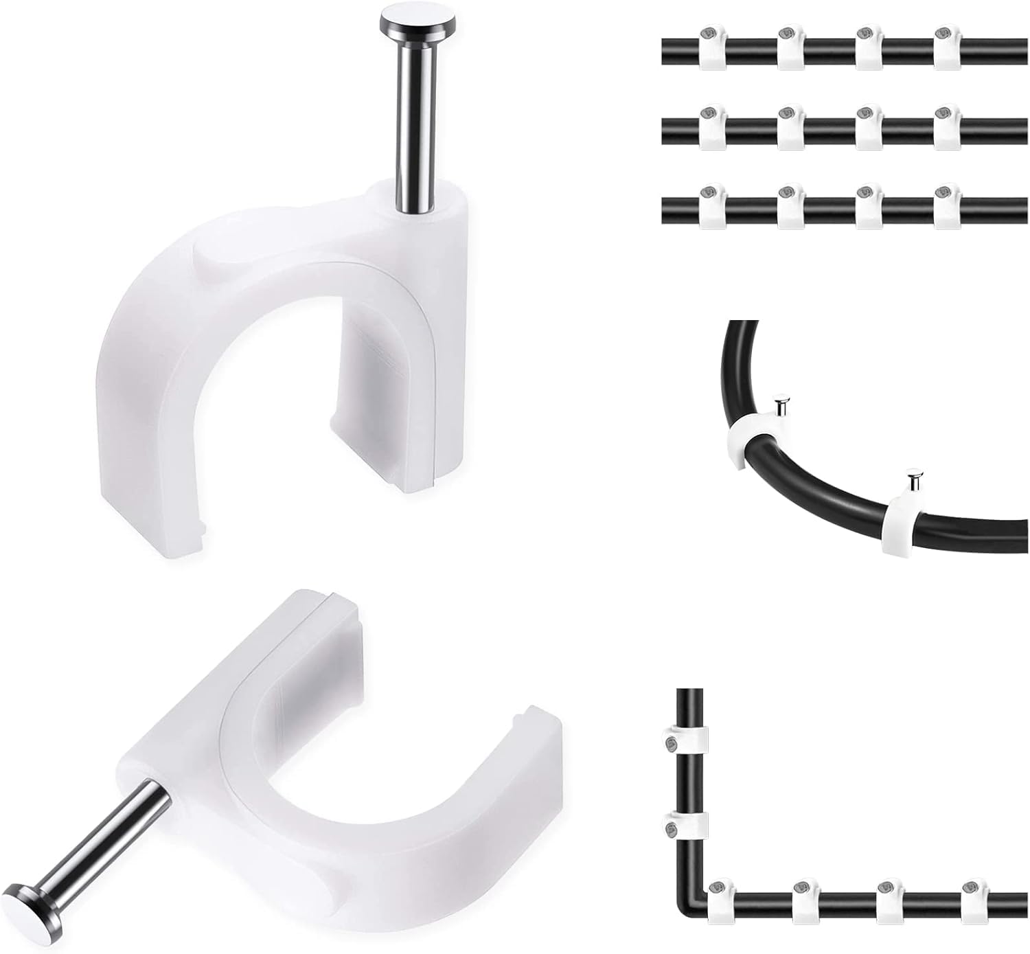 bvslf (8 MM,100pcs) Wire Fastener Organizer Circle Cable Clip Tie Holder Protector with Metal Nail for Cable Management, Cord Organizer, Round Wire Clamp for Hanging Cable Fitting on Wall, White Color