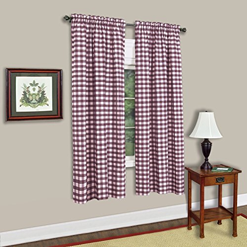 Image of Sweet Home Collection Kitchen Window Curtain Panel Treatment Decorative Buffalo Check Design 63 inch Long Burgundy