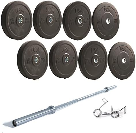 USA Sports Troy Barbell Solid Rubber Bumper Plate 275lb Set (Includes GOB-1200 32mm Bar and Spring Collars)