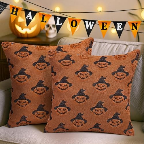 Halloween Scream Ghost Pillow Covers Set of 2, 18x18 Decorative Ghost Throw Pillowcases Soft Plush Faux Wool Cushions for Home Patio Sofa Couch (Pumpkin Brown)