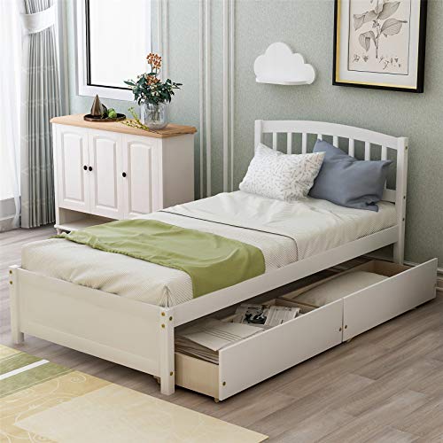 Harper & Bright Designs Twin Bed with Drawers,Wood Bed Frame with Headboard and Footboard Wood Platform Captain Bed for Boys, Girls, Kids, Teens and Adults,White
