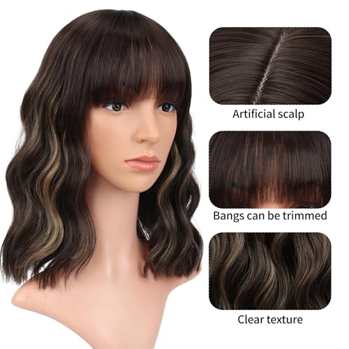 image for VCKOVCKO Short Bob Wigs Honey brown mix Blonde Wavy Wig With Air Bangs