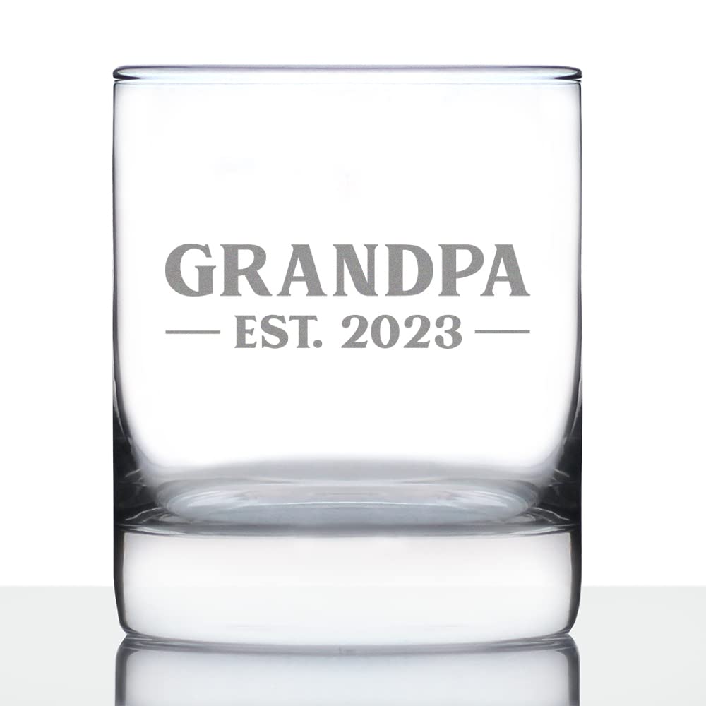 Grandpa Est 2023 - New Grandfather Whiskey Rocks Glass Gift for First Time Grandparents - Bold 10.25 Oz Glasses