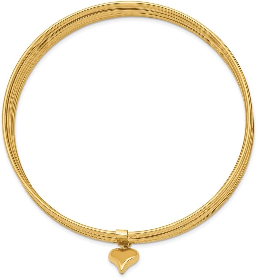 14K Yellow Gold Oversized with Dangle Heart Set of 7 Slip-on Textured Bangle Bracelet for Women 8.5"", AFJ-QG-DB534O