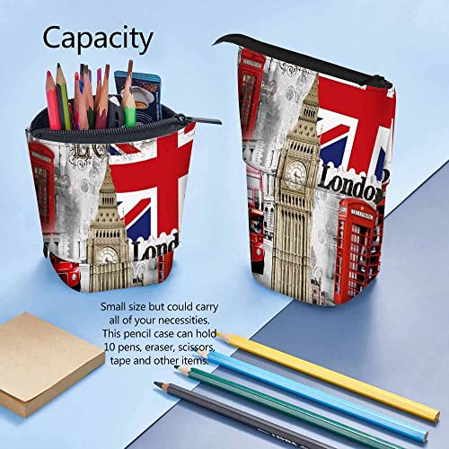Image of Swono London Symbols Pencil Pouch Vintage England Bigben Double Decker Bus Red Phone Booths England Stand Up Pencil Case Organizer Pencil Holder Makeup Bag Gift Colorful