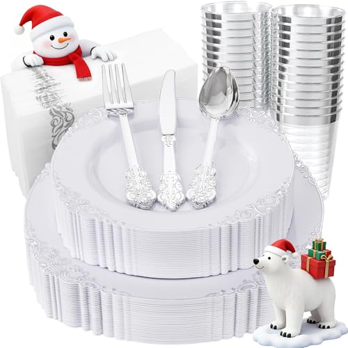 Nervure 175PCS Silver Plastic Plates - White and Silver Disposable Plates for 25 Guests Include 50Plates, 25Cups, 25Forks, 25Knives, 25Spoons, 25Napkins for Wedding & Party Nervure 175PCS Silver Plastic Plates - White and Silver Disposable Plates for 25 Guests Include 50Plates, 25Cups, 25Forks, 25Knives, 25Spoons, 25Napkins for Wedding & Party