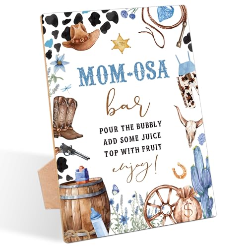 Cowboy Baby Shower Table Sign, Mom-osa Bar Sign, Pack of 1 Wooden Tabletop Sign with Stand, Wild West Rodeo Baby Shower Supplies, Gender Reveal Party Decorations - RG28