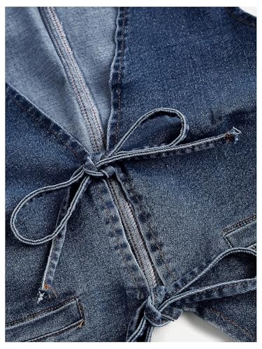 OYOANGLE Women's Tie Front Denim Vests Deep V Neck Sleeveless Asymmetrical Hem Slim Fit Crop Tank Tops3