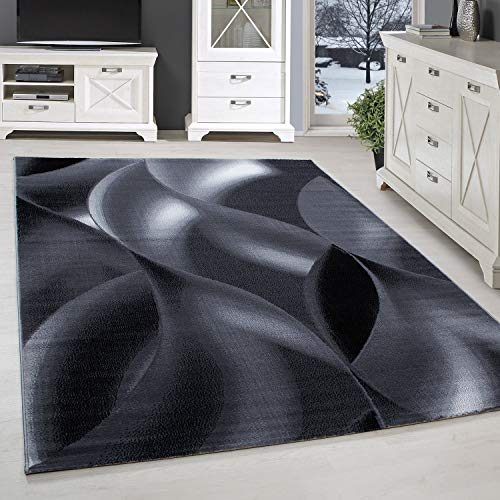 SIMPEX Kurzflor Teppich, Wellen Design, Schwarz, 140 x 200 cm, moderner Stil, Pflegeleicht, Teppich Wohnzimmer, Schlafzimmer