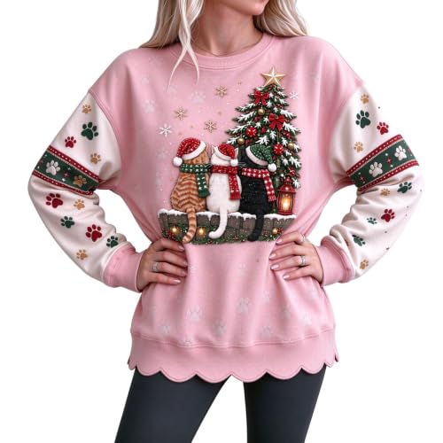 Funny Christmas Shirts for Women Casual Christmas Tree Print Loose Pullover - image 6