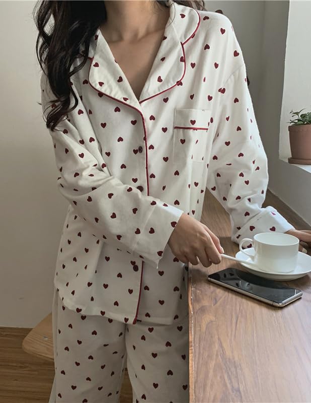 Womens Cotton Flannel Pajama Set Cute Heart Pjs Long Sleeve Button Down Shirt and Long Pants Warm Sleepwear2