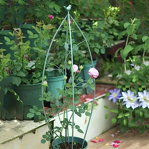 Treillis obélisque de jardin en métal pour plantes grimpantes, fleurs et légumes, style vieilli avec décoration d'oiseaux, couleur verte
