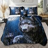 Sleepwish Moon Wolf Comforter Set King Size 4 Piece Animal Wolves Printed Bedding with 1 Comforter 2 Pillow Shams and 1 Cushion Cover, Blue Wolf Quilted Bedspread for Adults Men
