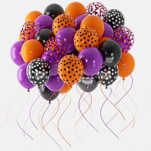 Image of 60 Pieces Halloween Balloons, Black and Purple Balloons Orange Confetti Balloon for Halloween Party Decorations