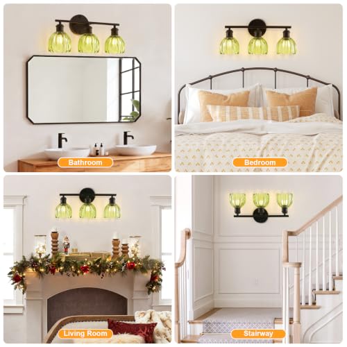 Image of Bathroom Light Fixtures, 3-Light Brushed Black Vanity Lights for Bathroom with Green Tulip Glass Shade, 20 inch Vintage Bathroom Vanity Lighting Fixtures Over Mirror for Bedroom Living Room Hallway